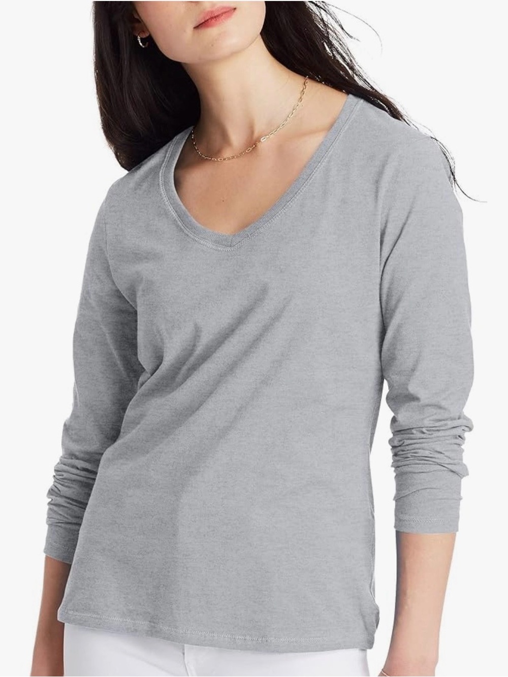 Hanes Women’s Light Gray Long Sleeve V-Neck Tee